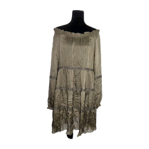 Natori Dresses & Skirts - Josie Natori 100% Silk Green Tiered Sheer Off the Shoulder Mini Dress size 8